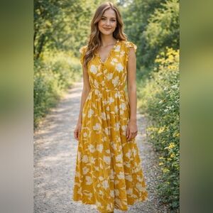 ANNICK MUSTARD YELLOW FLORAL DRESS SIZE LARGE